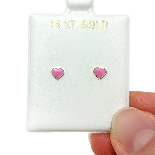14K Solid Yellow Gold Pink Enamel Heart Baby Screwback Stud Kid Earrings