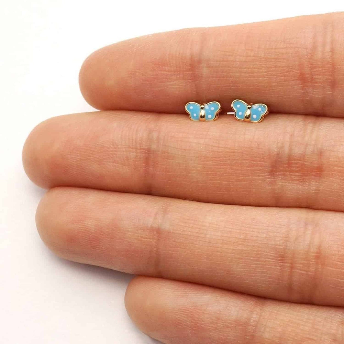 Kids 14K Real Gold Enamel Butterfly Baby Screw Back Stud Earrings 4.5mm