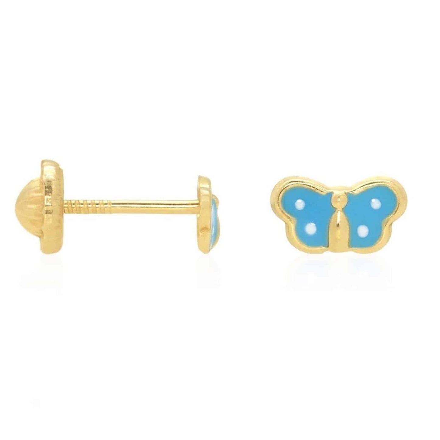 Kids 14K Real Gold Enamel Butterfly Baby Screw Back Stud Earrings 4.5mm