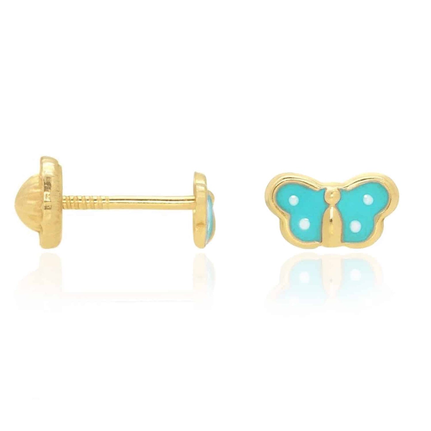 Kids 14K Real Gold Enamel Butterfly Baby Screw Back Stud Earrings 4.5mm