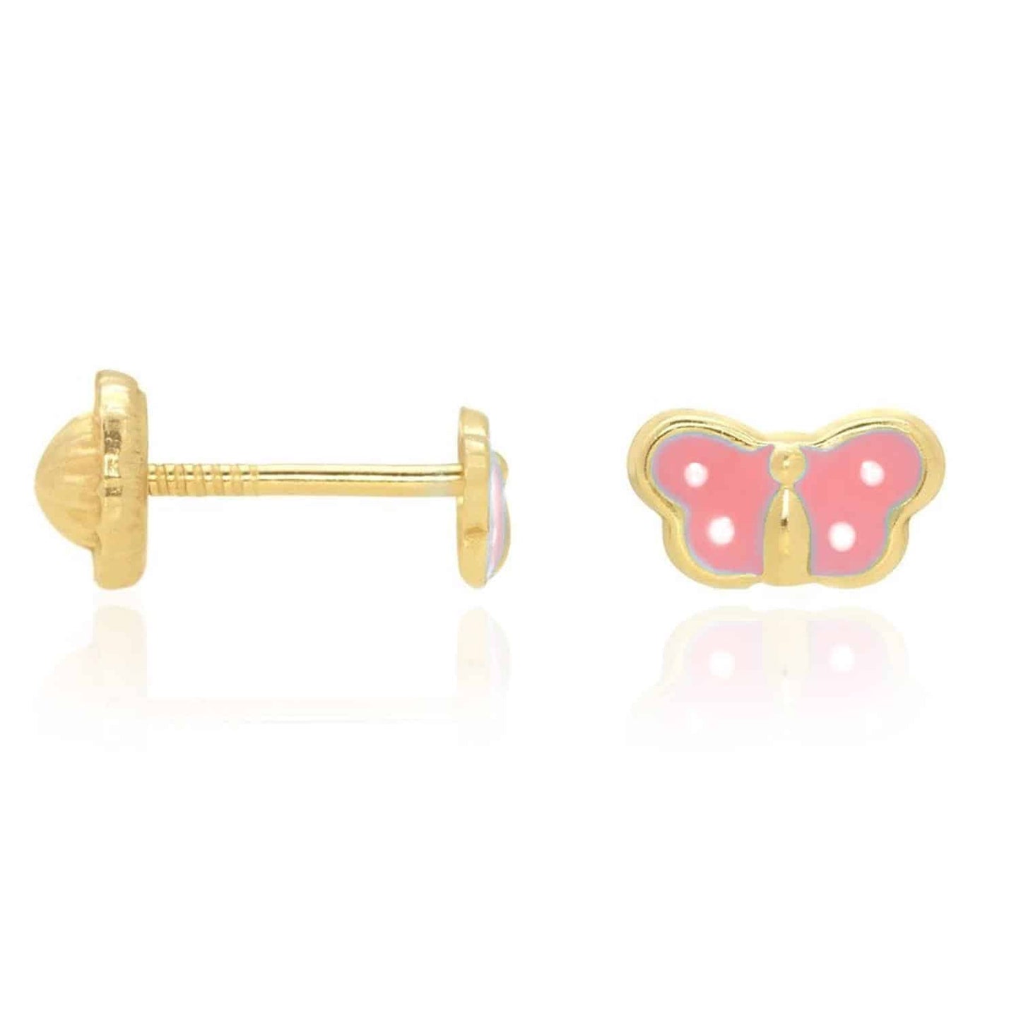 Kids 14K Real Gold Enamel Butterfly Baby Screw Back Stud Earrings 4.5mm