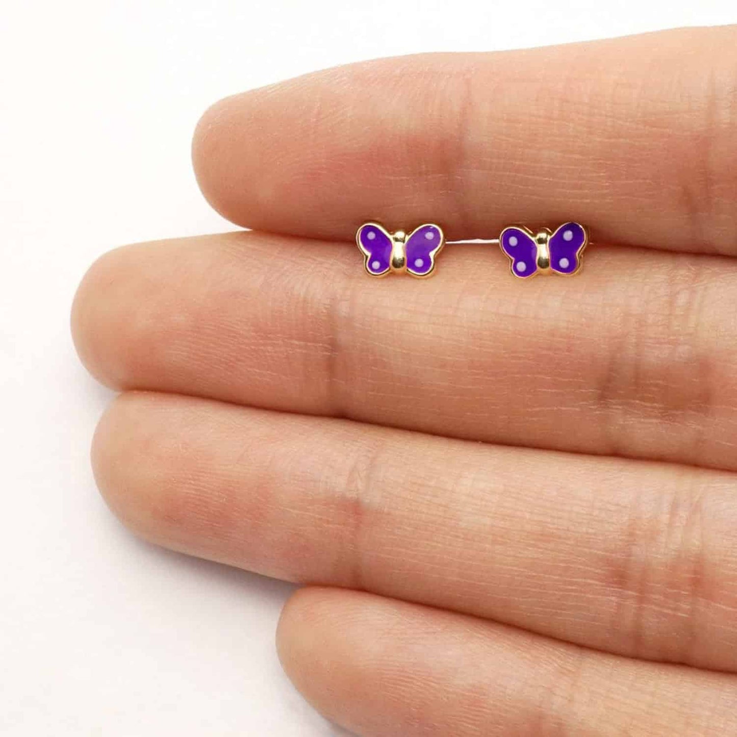 Kids 14K Real Gold Enamel Butterfly Baby Screw Back Stud Earrings 4.5mm