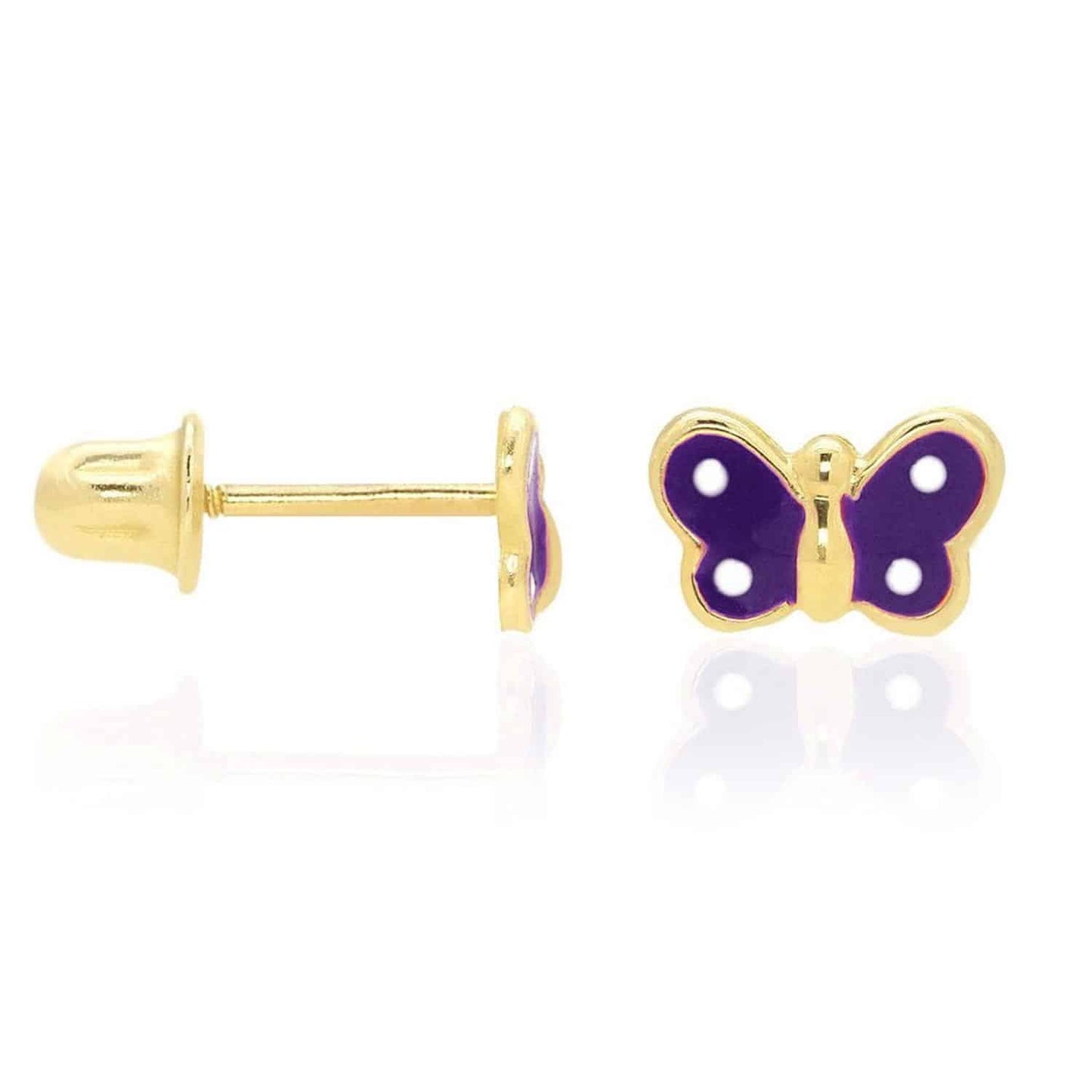 Kids 14K Real Gold Enamel Butterfly Baby Screw Back Stud Earrings 4.5mm