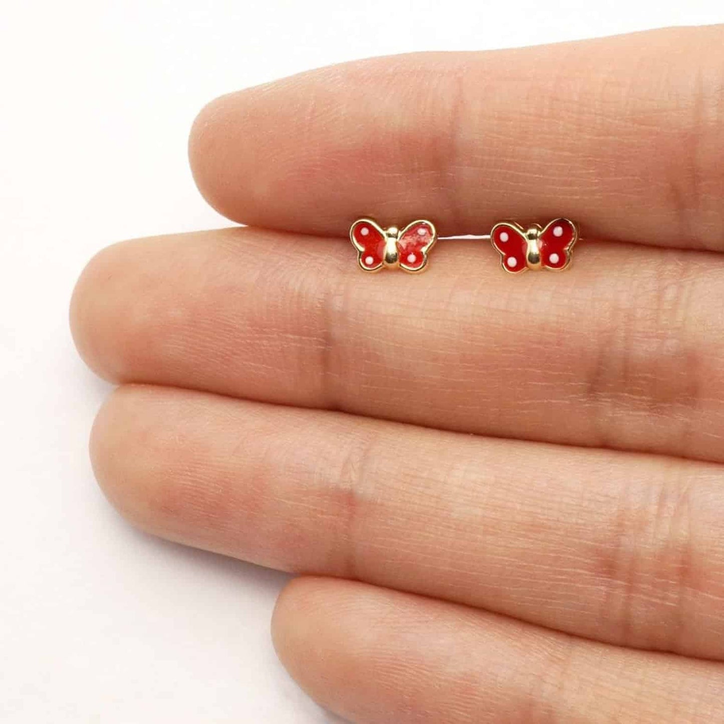 Kids 14K Real Gold Enamel Butterfly Baby Screw Back Stud Earrings 4.5mm