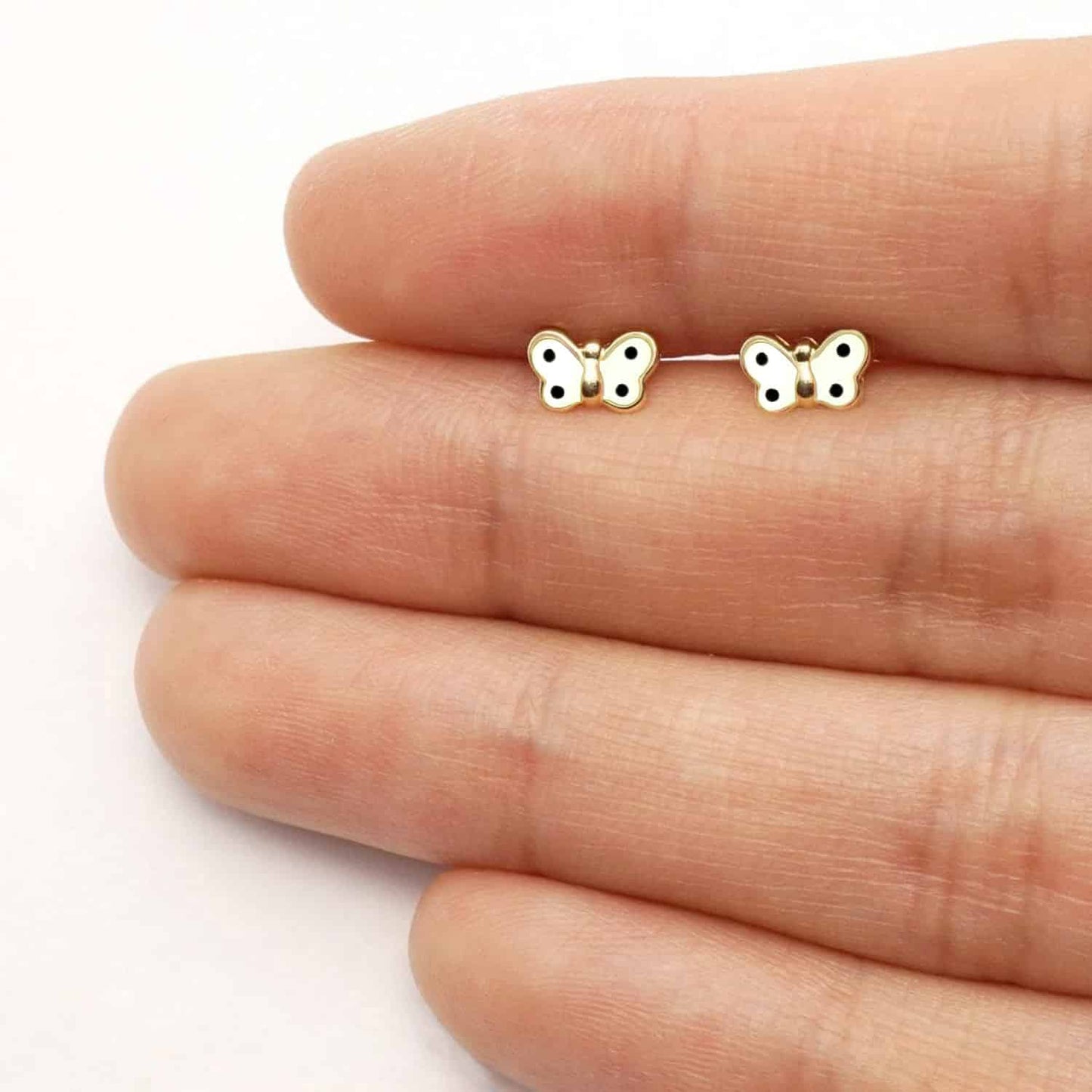 Kids 14K Real Gold Enamel Butterfly Baby Screw Back Stud Earrings 4.5mm