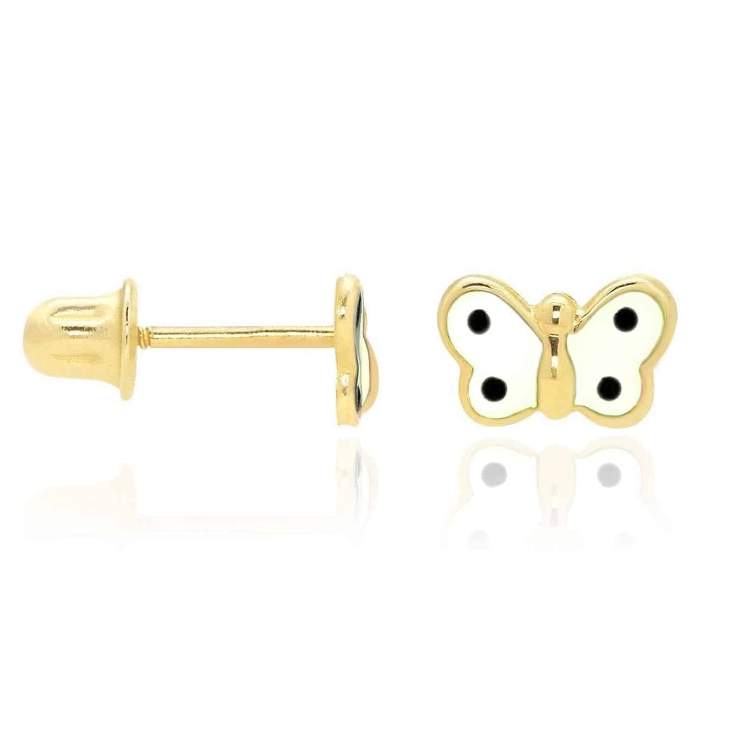 Kids 14K Real Gold Enamel Butterfly Baby Screw Back Stud Earrings 4.5mm