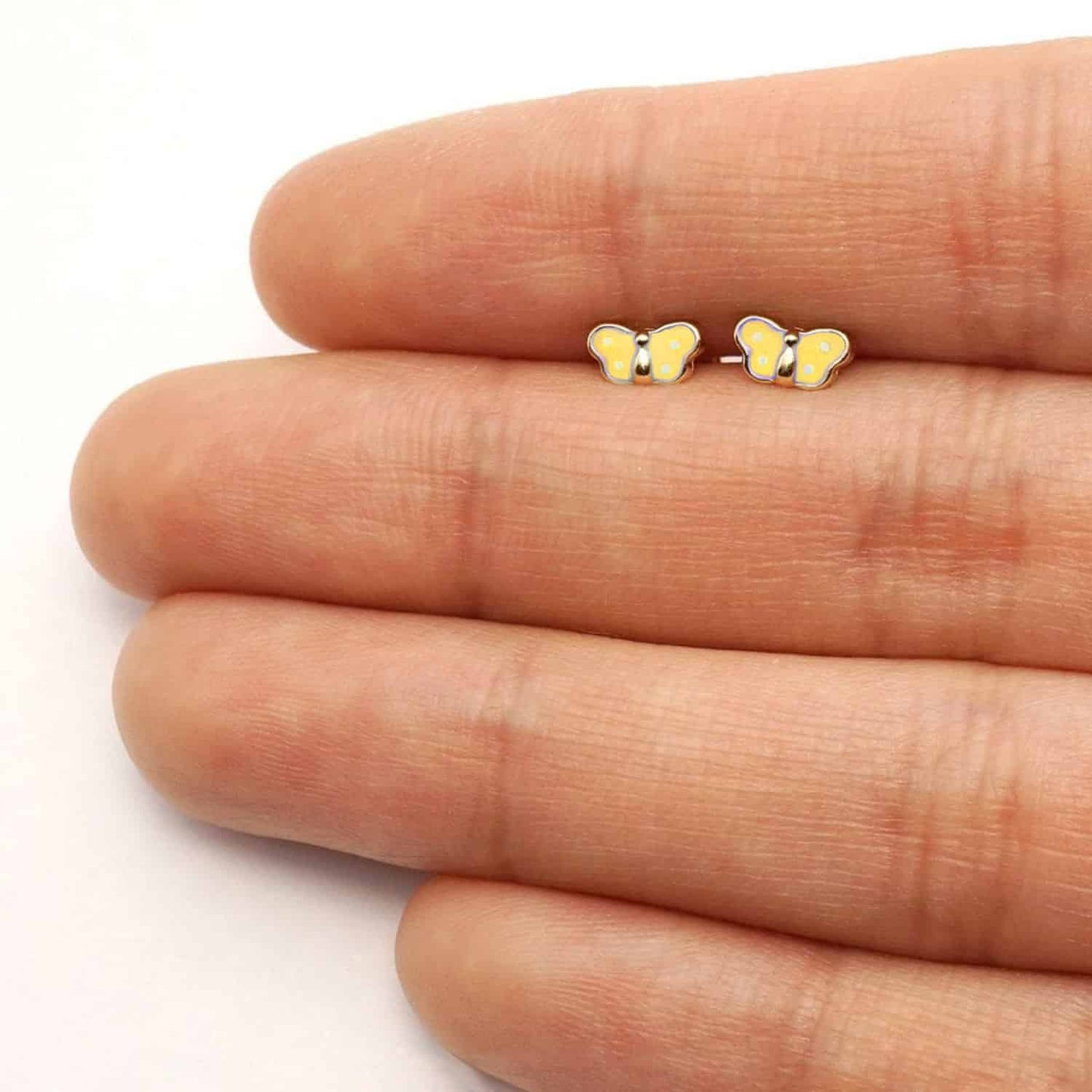 Kids 14K Real Gold Enamel Butterfly Baby Screw Back Stud Earrings 4.5mm