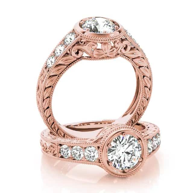 1.40CTW Real Diamond & Moissanite 18K Gold Rose Milgrain Engagement Ring