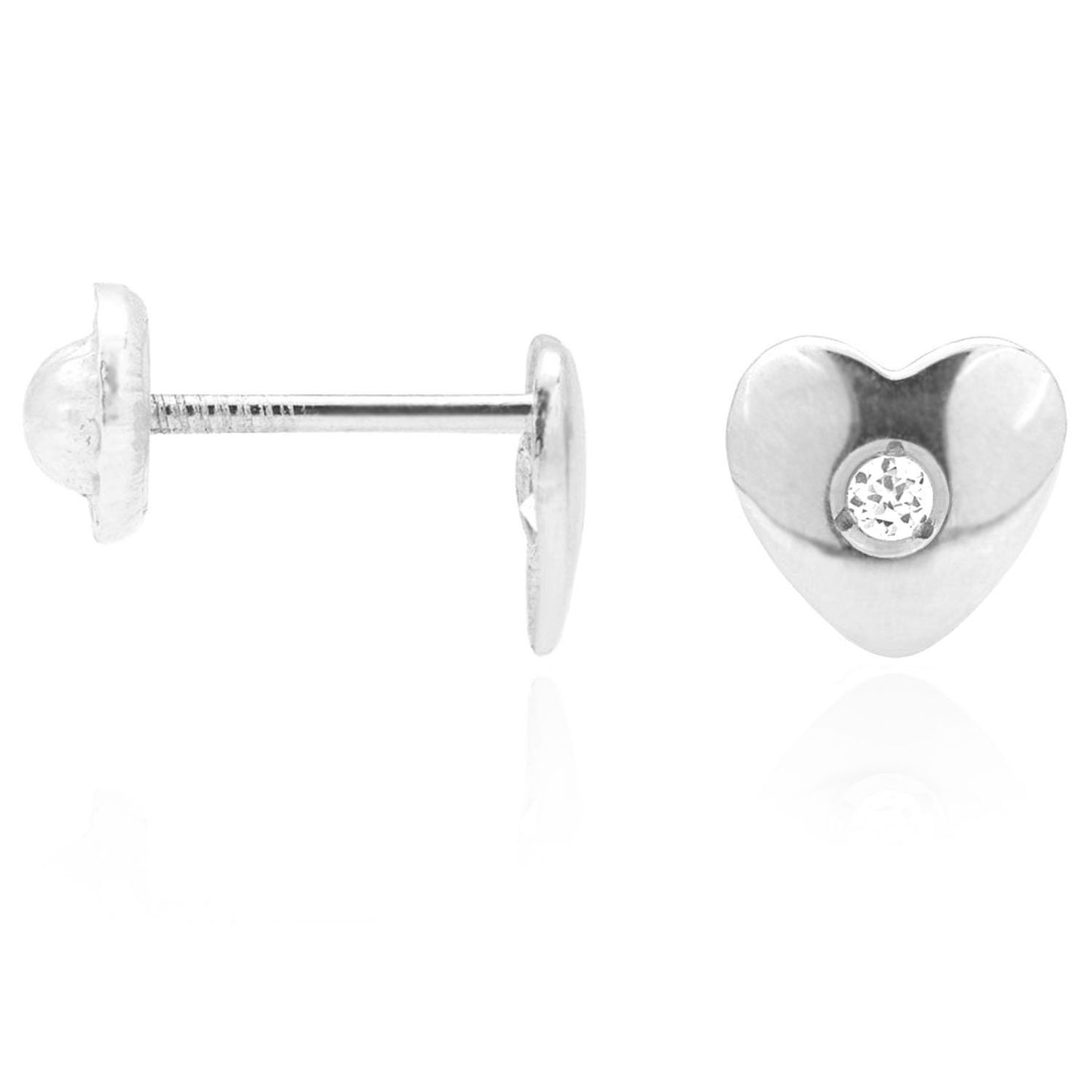 14K Yellow White Gold White Zircon Heart Screw Back Stud Kids Earrings 6mm