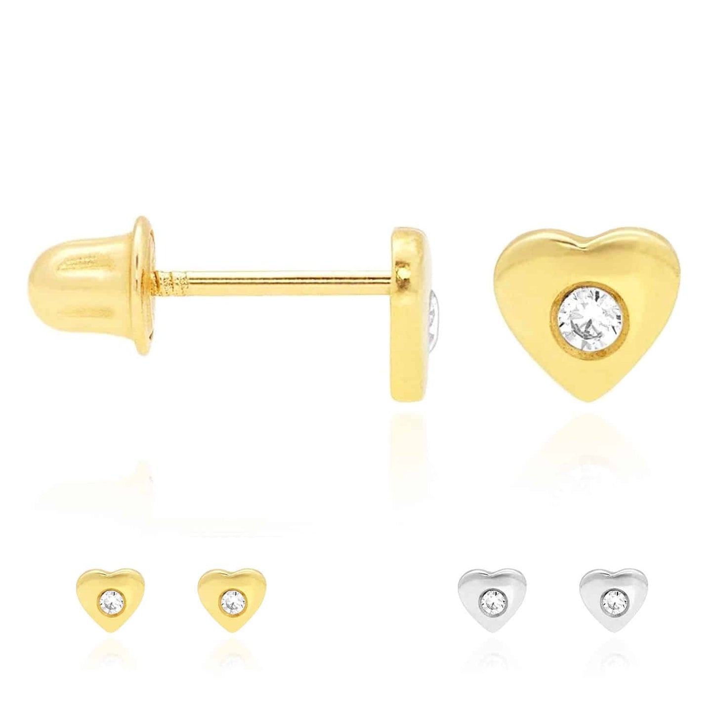 Kid's 14K Yellow White Gold White Zircon Heart Screw Back Stud Earrings 5mm