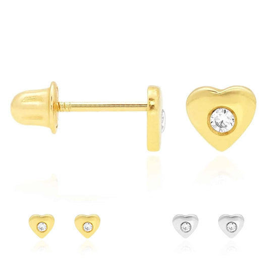 Kids 14K Yellow White Gold White Zircon Heart Screw Back Stud Earrings 5mm