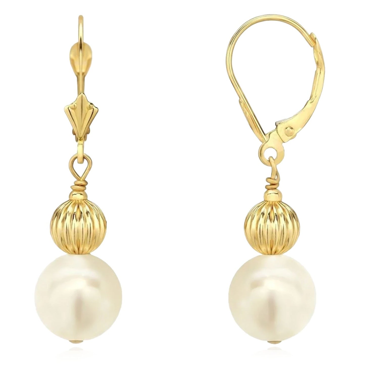 14K Solid Yellow Gold Ball 9mm Real Pearl Dangle Drop Leverback Earrings