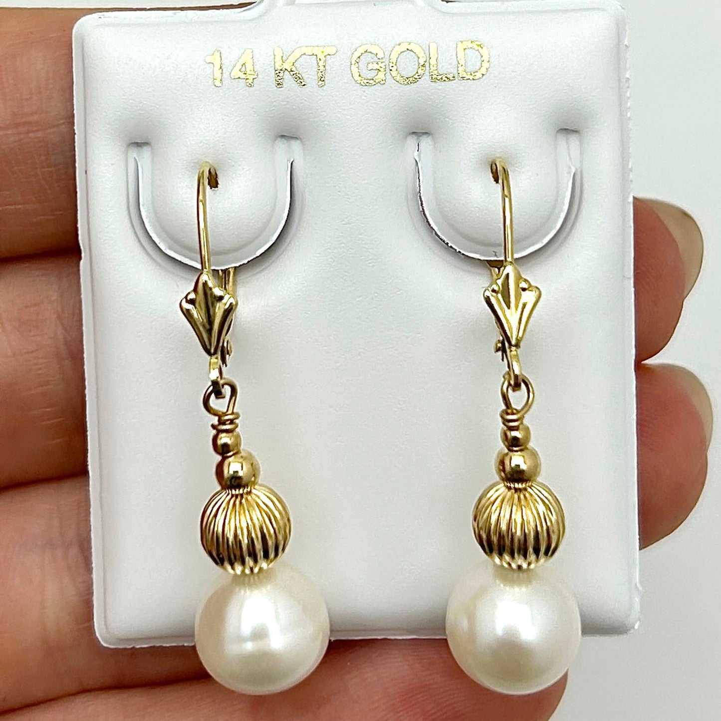 14K Solid Yellow Gold Ball 9mm Real Pearl Dangle Drop Leverback Earrings