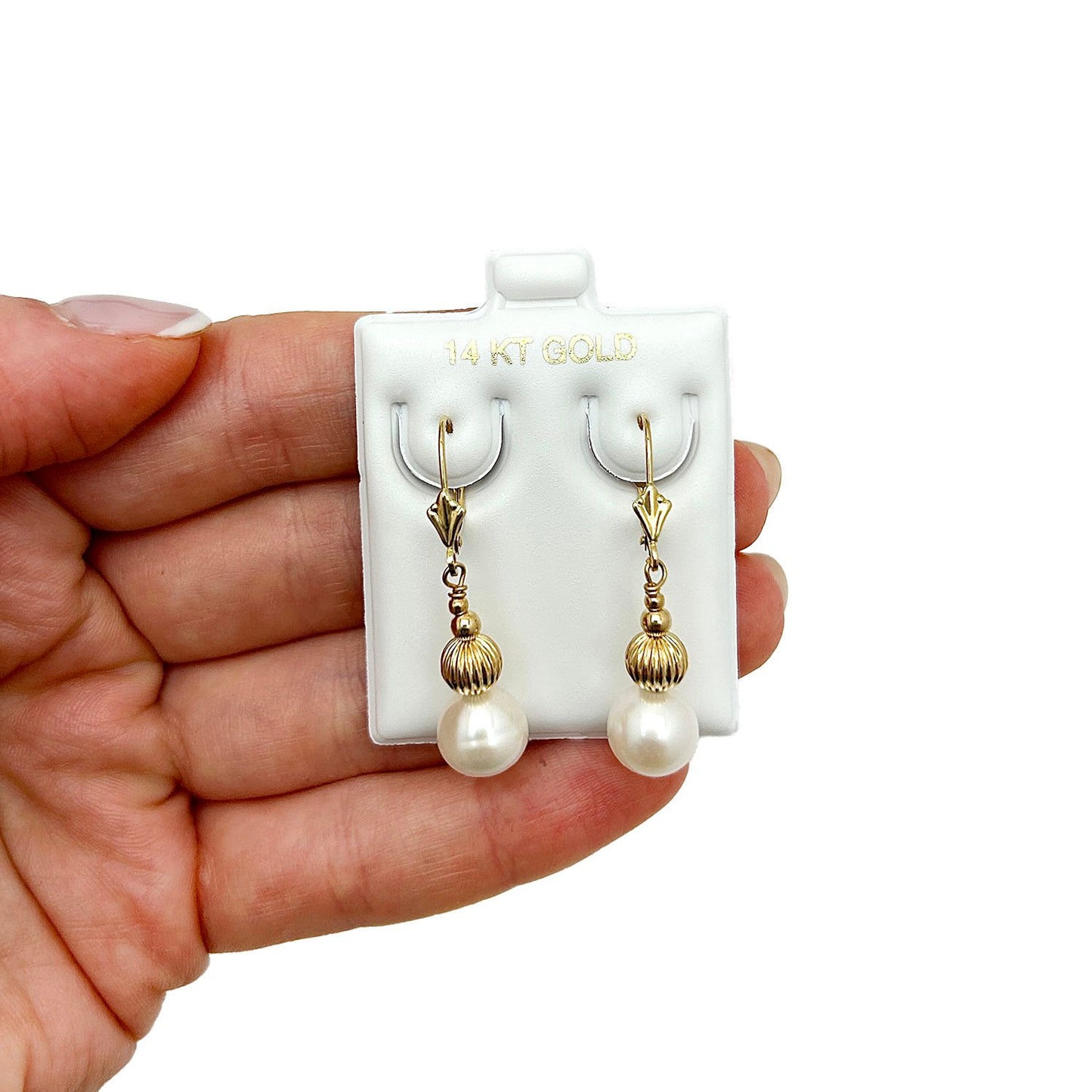 14K Solid Yellow Gold Ball 9mm Real Pearl Dangle Drop Leverback Earrings