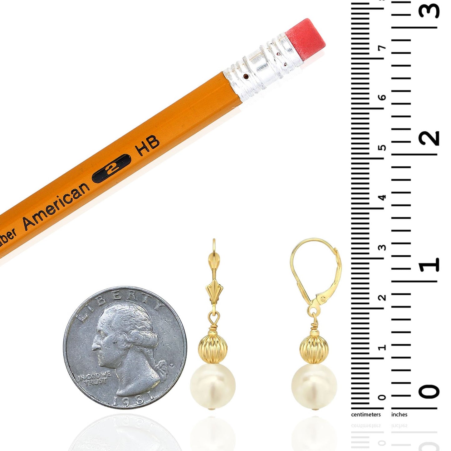 14K Solid Yellow Gold Ball 9mm Real Pearl Dangle Drop Leverback Earrings