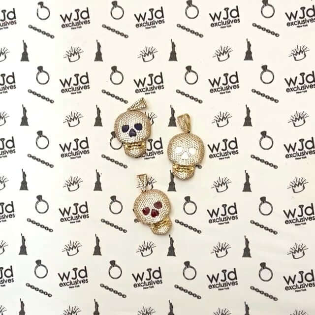 14K Yellow Gold CZ Pave Iced Out Classic Skull Charm Pendant 1.6"