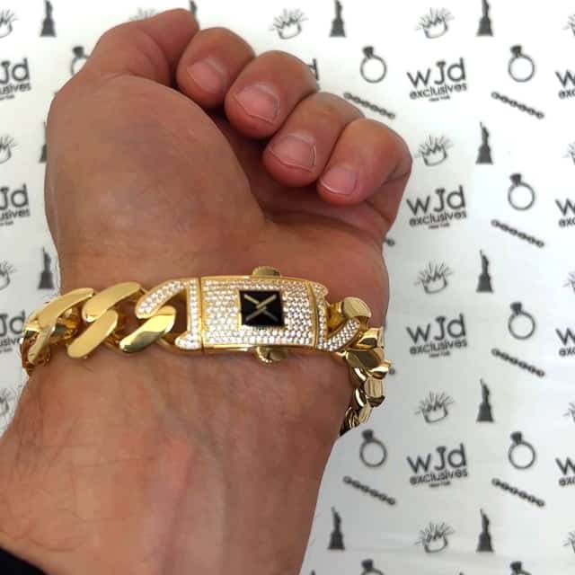 10K Gold Yellow 14mm Hollow Miami CZ Pave Box Clasp Bracelet 8"