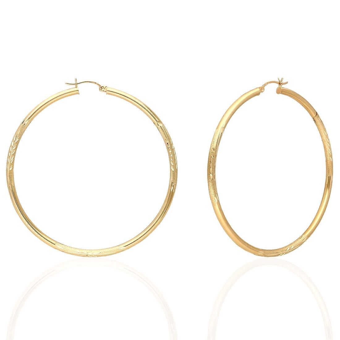 14K Solid Yellow & White Gold 3mm Diamond-Cut Finish Hoop Earrings 19-75mm
