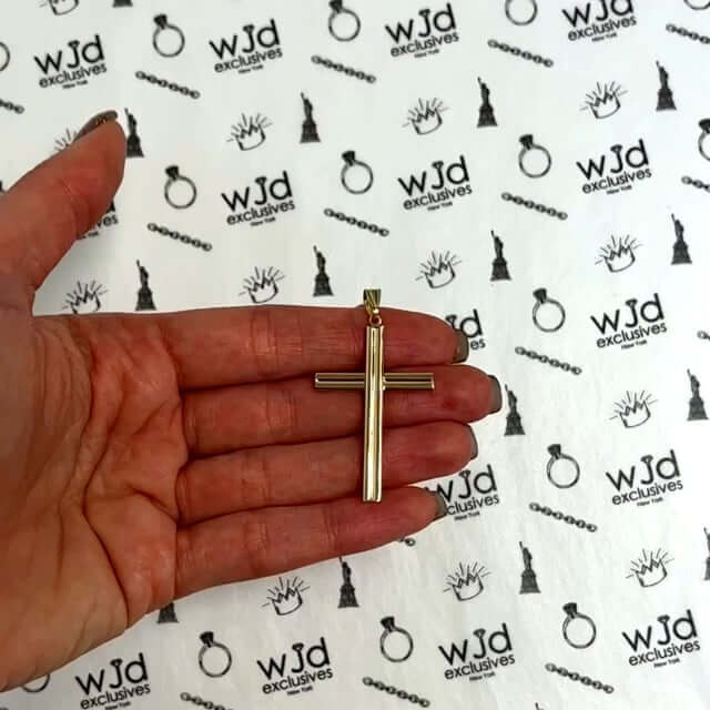 14K Yellow Gold Modern Cross Charm Pendant 1.8"