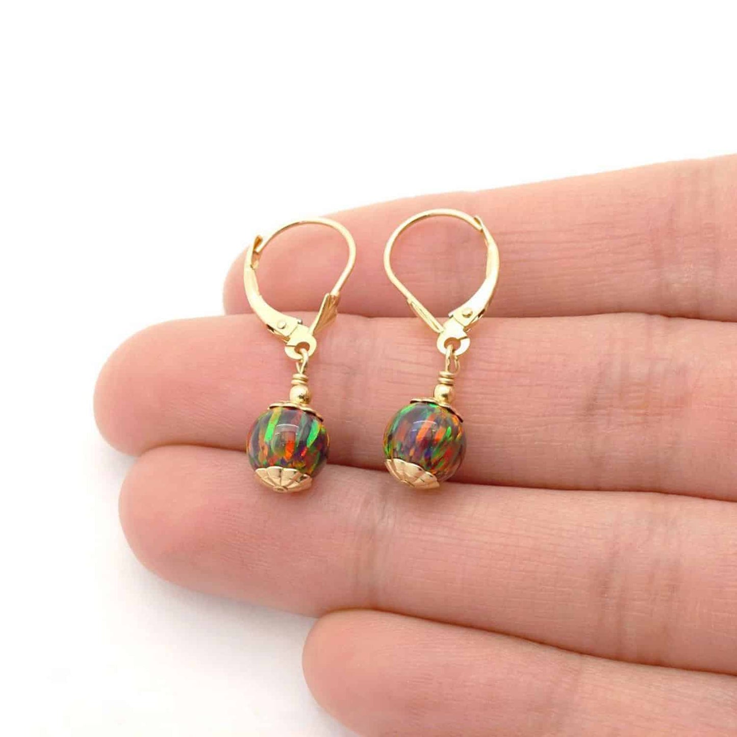 14K Real Gold Fire Opal Ball Dangle Drop Leverback Earrings 7mm