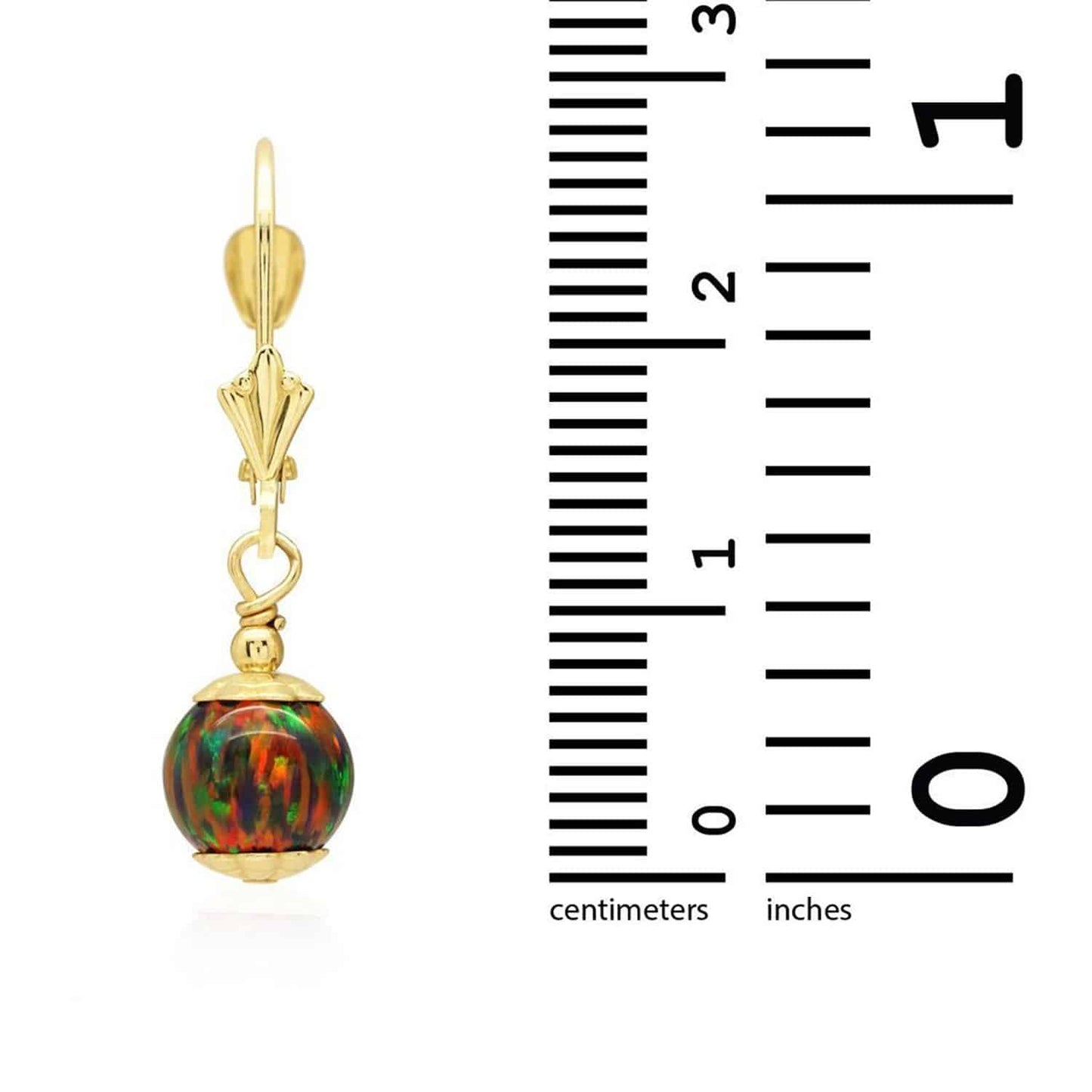 14K Real Gold Fire Opal Ball Dangle Drop Leverback Earrings 7mm