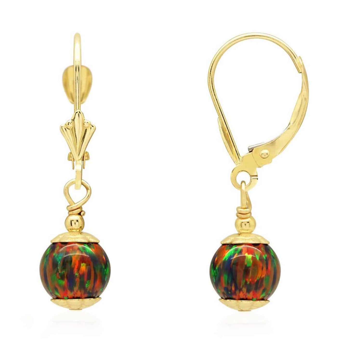 14K Real Gold Fire Opal Ball Dangle Drop Leverback Earrings 7mm