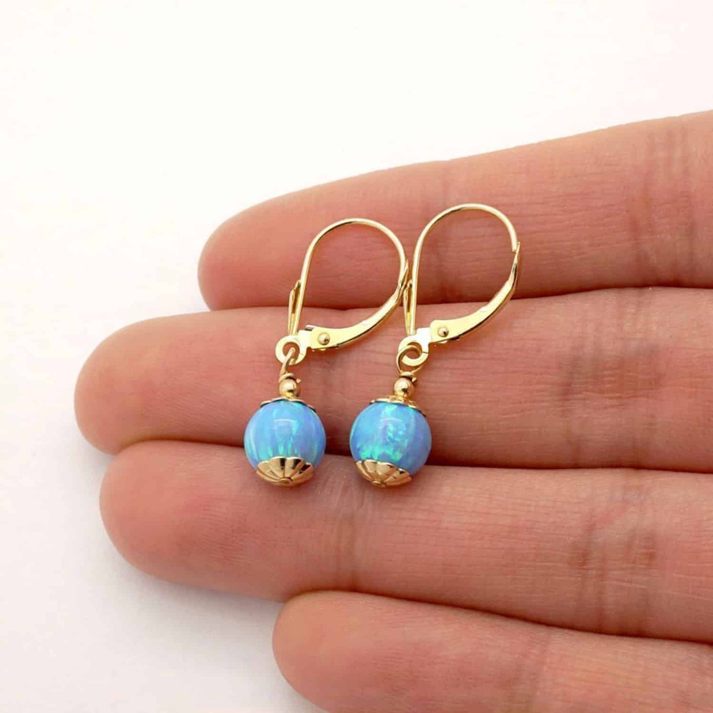14K Real Gold Fire Opal Ball Dangle Drop Leverback Earrings 7mm