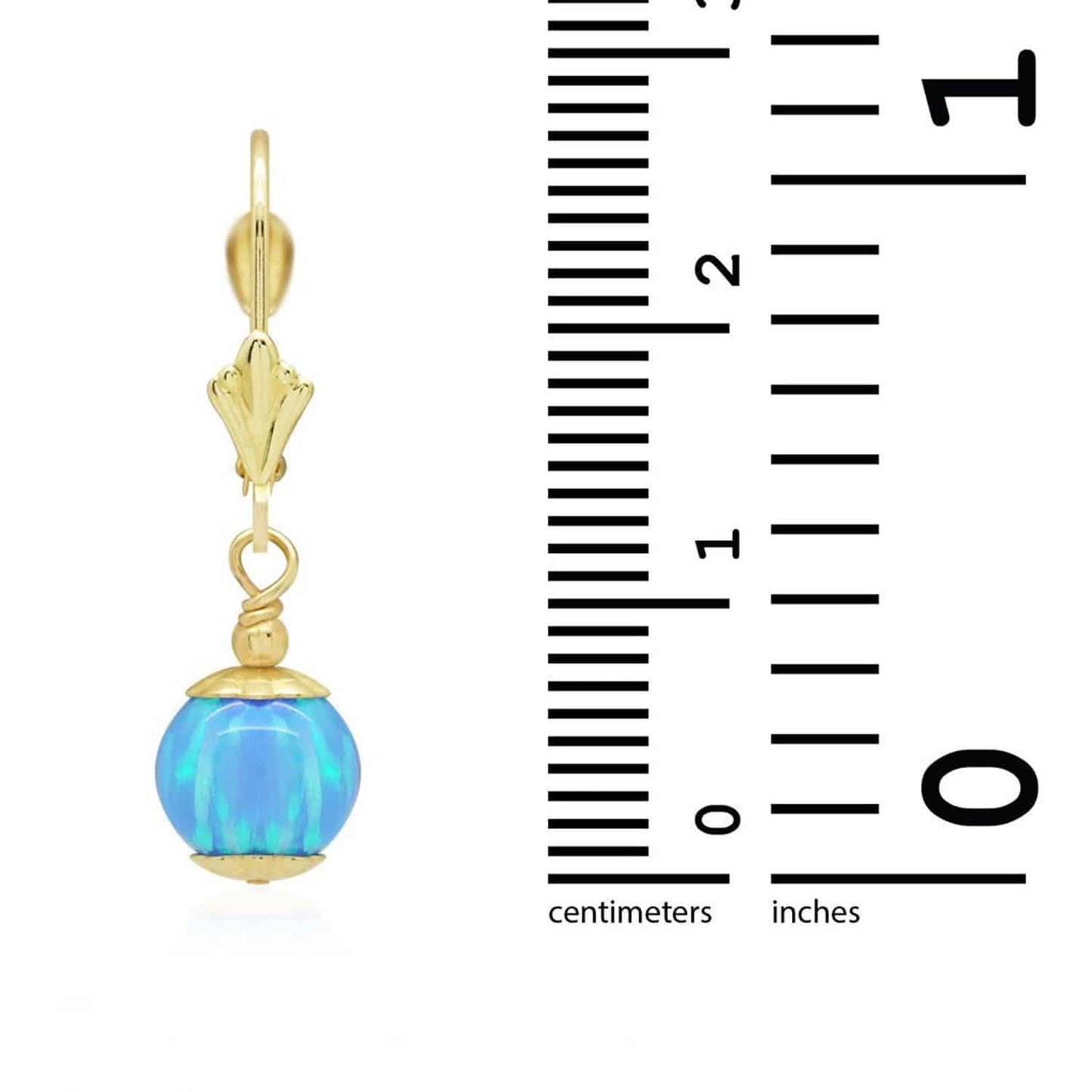 14K Real Gold Fire Opal Ball Dangle Drop Leverback Earrings 7mm