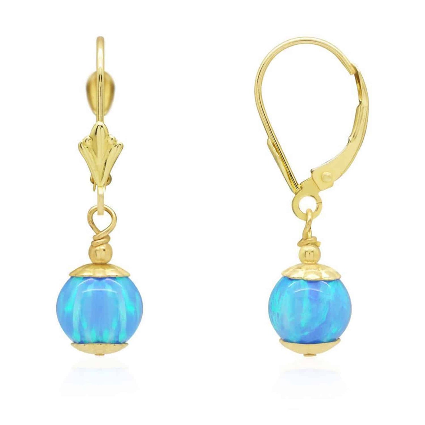 14K Real Gold Fire Opal Ball Dangle Drop Leverback Earrings 7mm