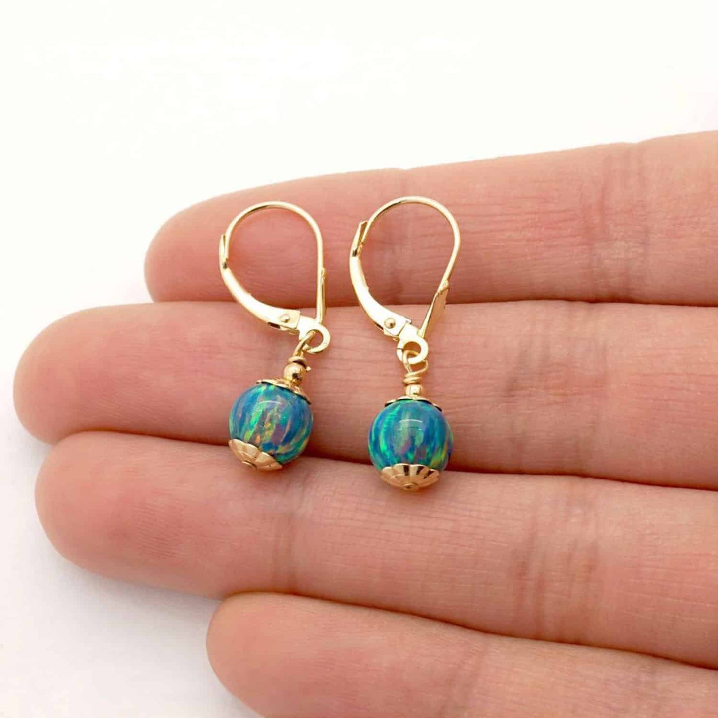 14K Real Gold Fire Opal Ball Dangle Drop Leverback Earrings 7mm
