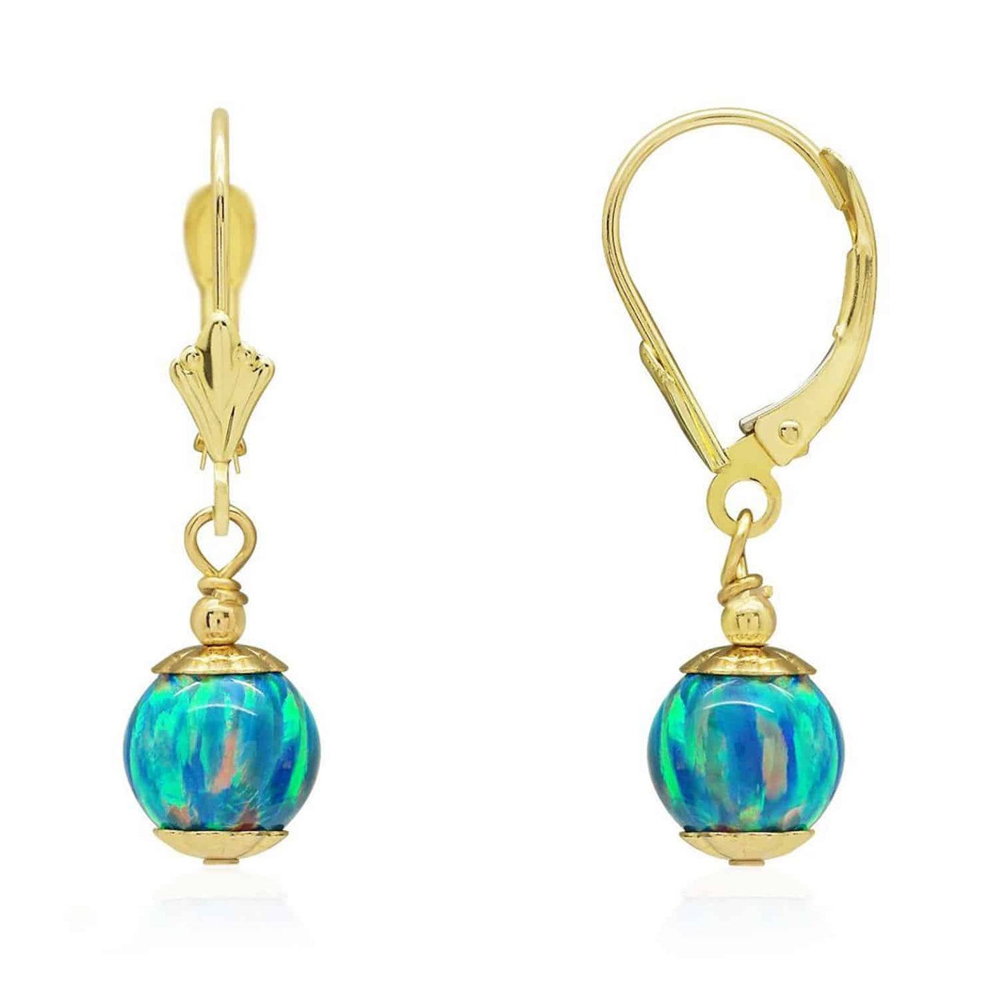 14K Real Gold Fire Opal Ball Dangle Drop Leverback Earrings 7mm
