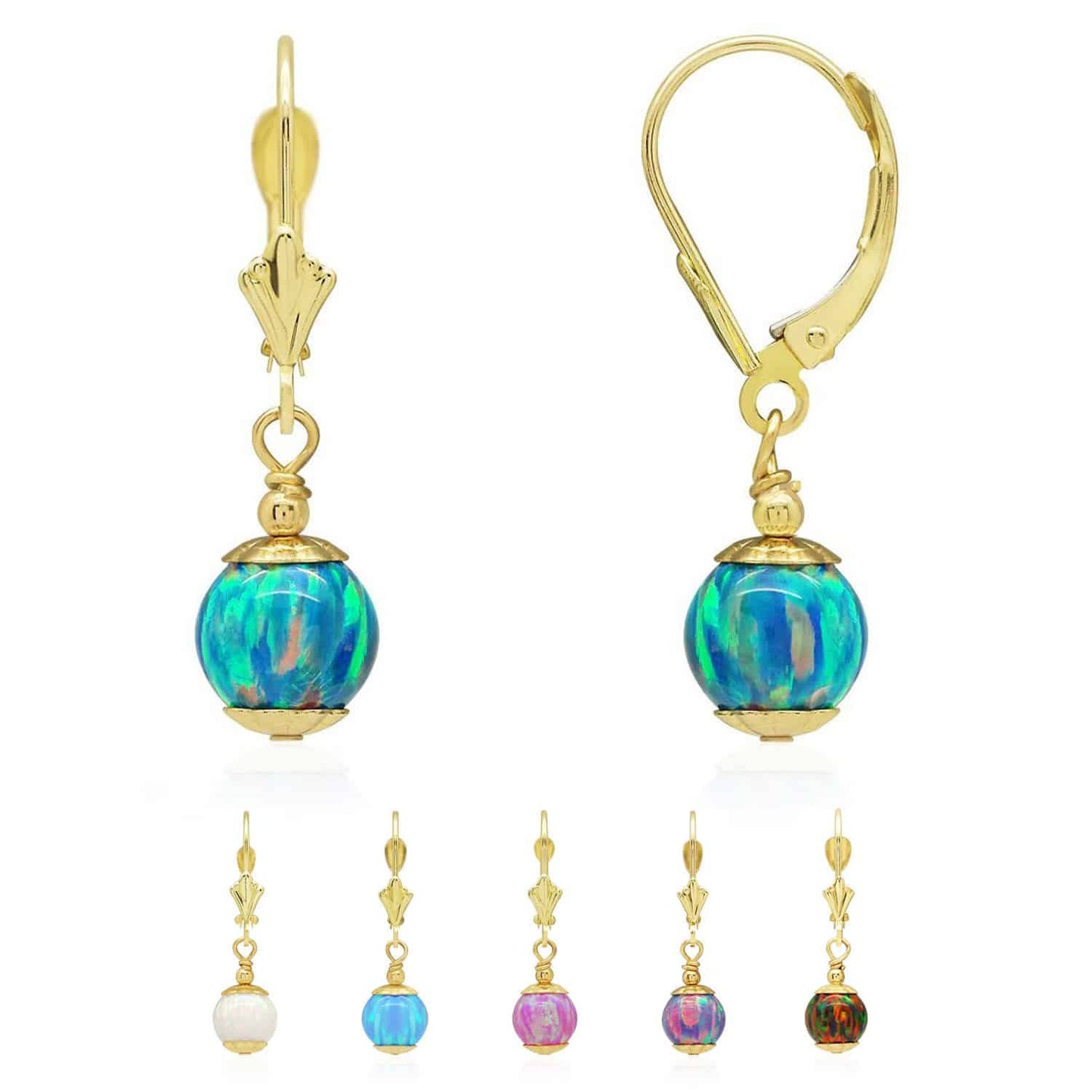 14K Real Gold Fire Opal Ball Dangle Drop Leverback Earrings 7mm