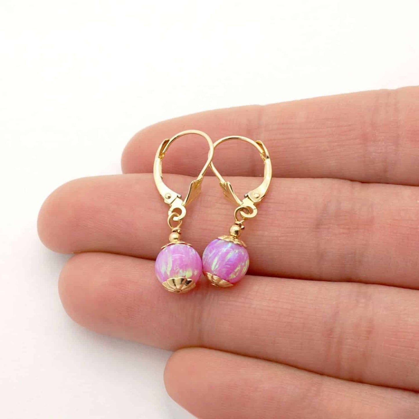 14K Real Gold Fire Opal Ball Dangle Drop Leverback Earrings 7mm