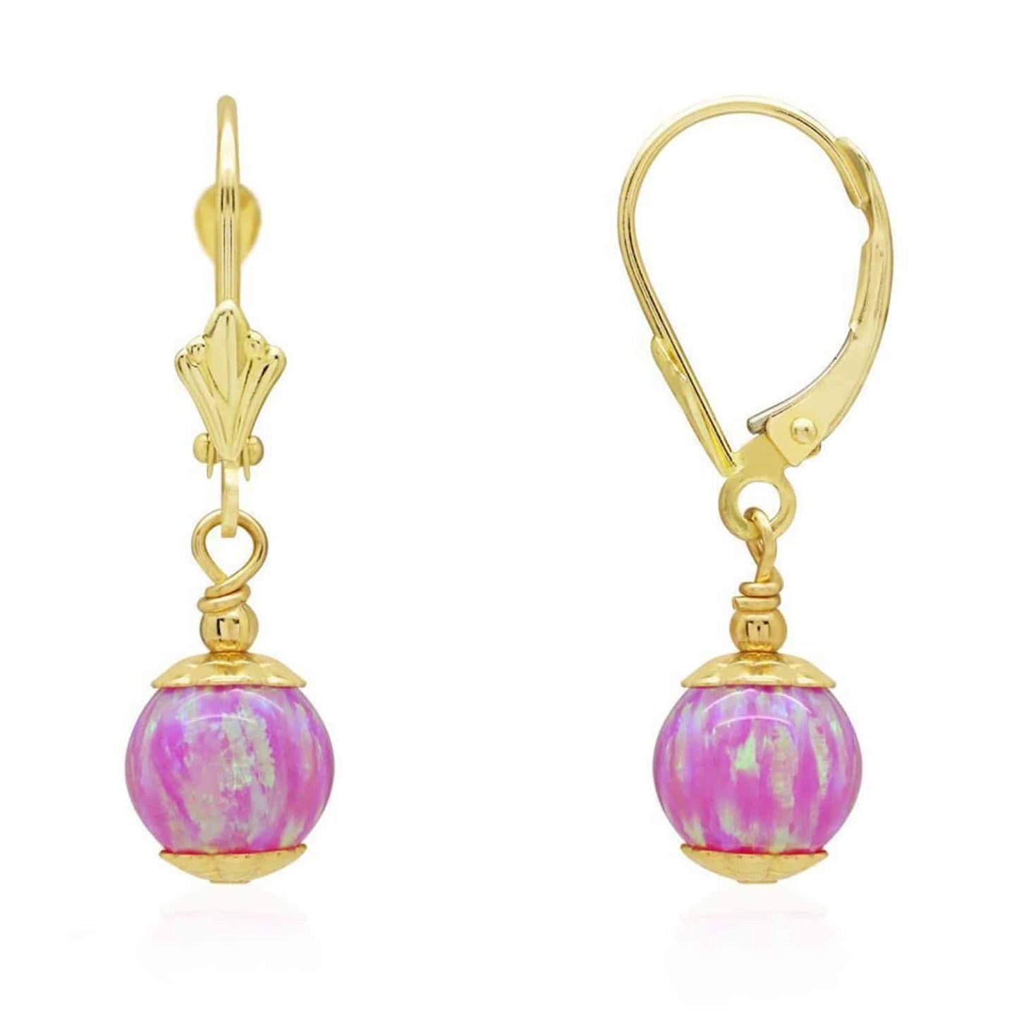 14K Real Gold Fire Opal Ball Dangle Drop Leverback Earrings 7mm