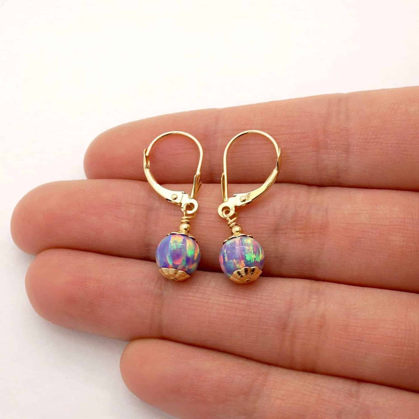 14K Real Gold Fire Opal Ball Dangle Drop Leverback Earrings 7mm