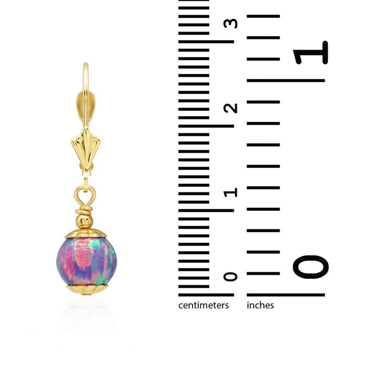 14K Real Gold Fire Opal Ball Dangle Drop Leverback Earrings 7mm