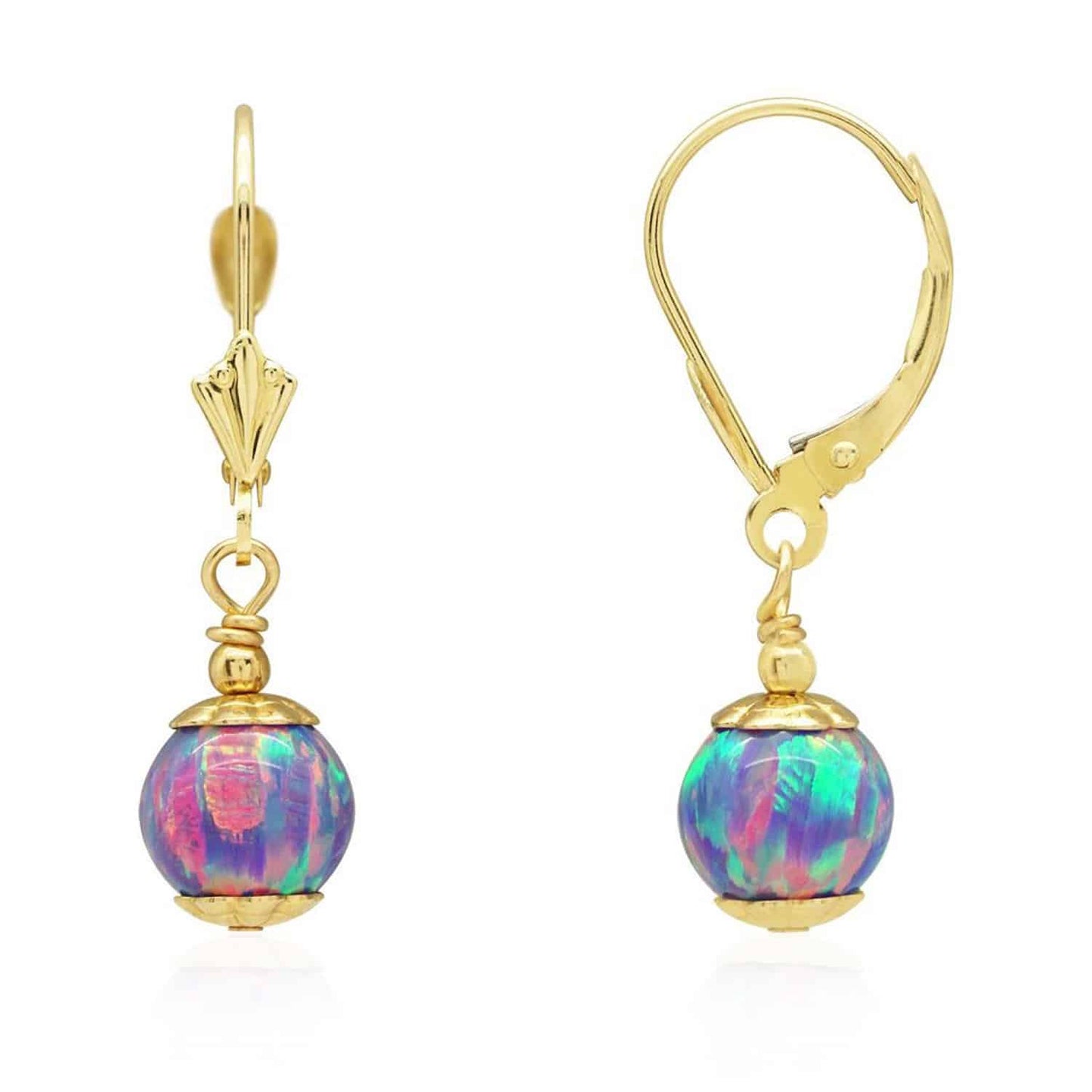 14K Real Gold Fire Opal Ball Dangle Drop Leverback Earrings 7mm