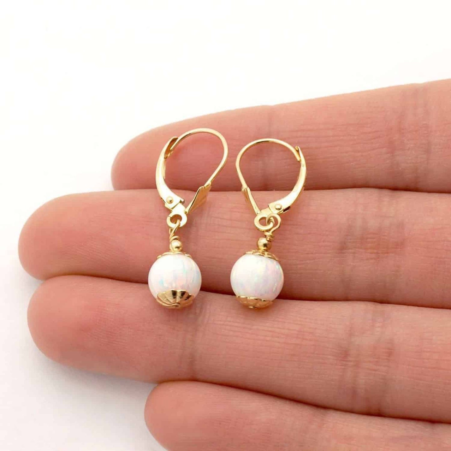 14K Real Gold Fire Opal Ball Dangle Drop Leverback Earrings 7mm