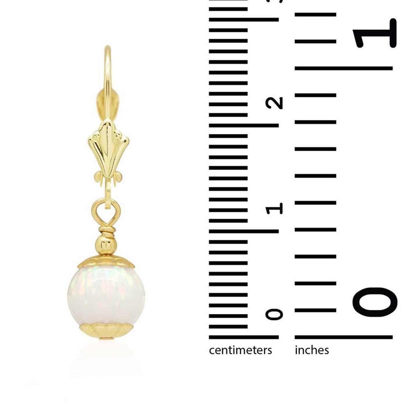 14K Real Gold Fire Opal Ball Dangle Drop Leverback Earrings 7mm
