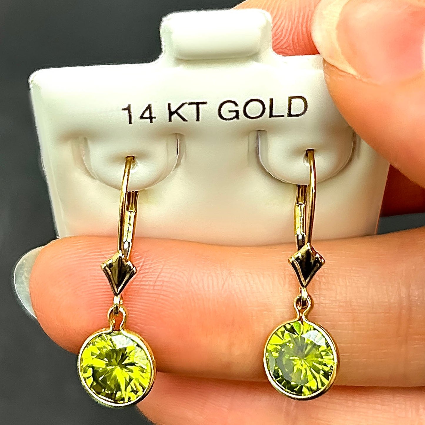 14k Yellow Gold Round Bezel Simulated Birthstone Drop Leverback Earrings