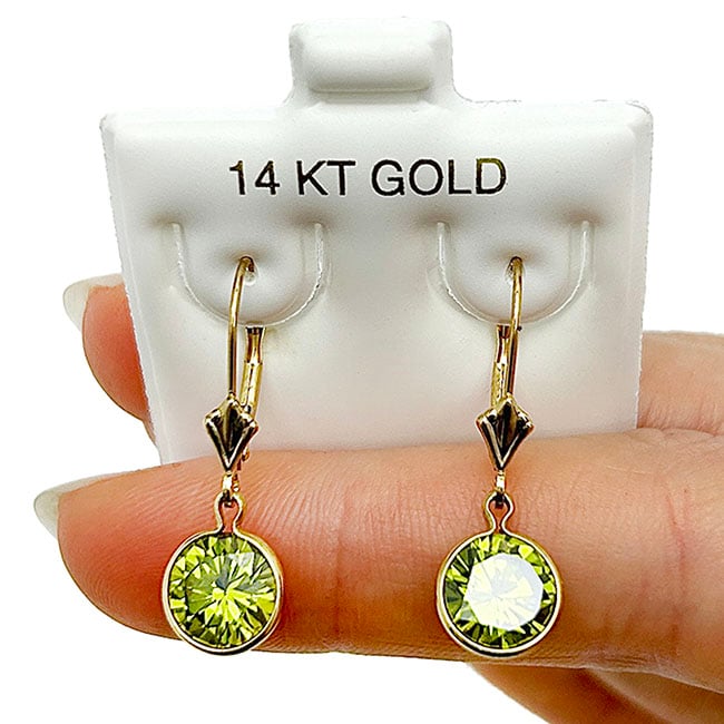 14k Yellow Gold Round Bezel Simulated Birthstone Drop Leverback Earrings