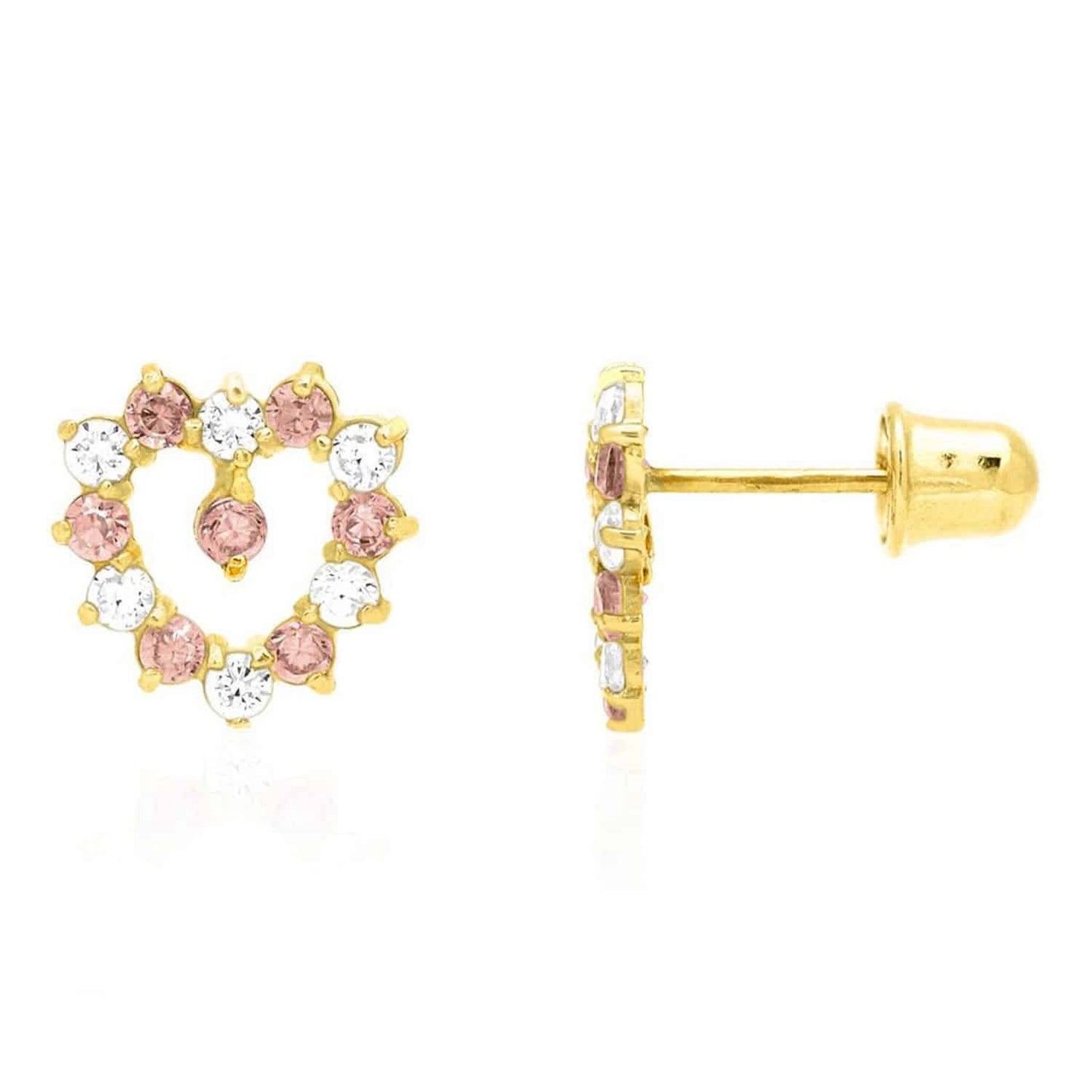 14K Yellow Gold Birthstone And White Zircon Heart Baby Screw Back Stud Earrings