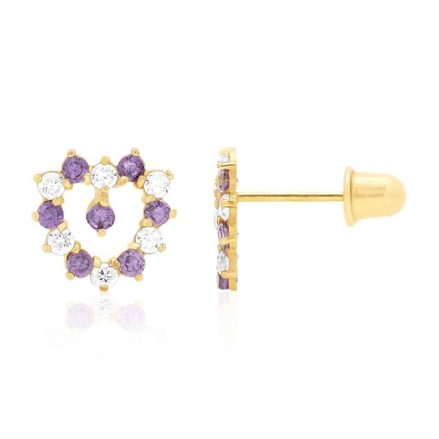 14K Yellow Gold Birthstone And White Zircon Heart Baby Screw Back Stud Earrings