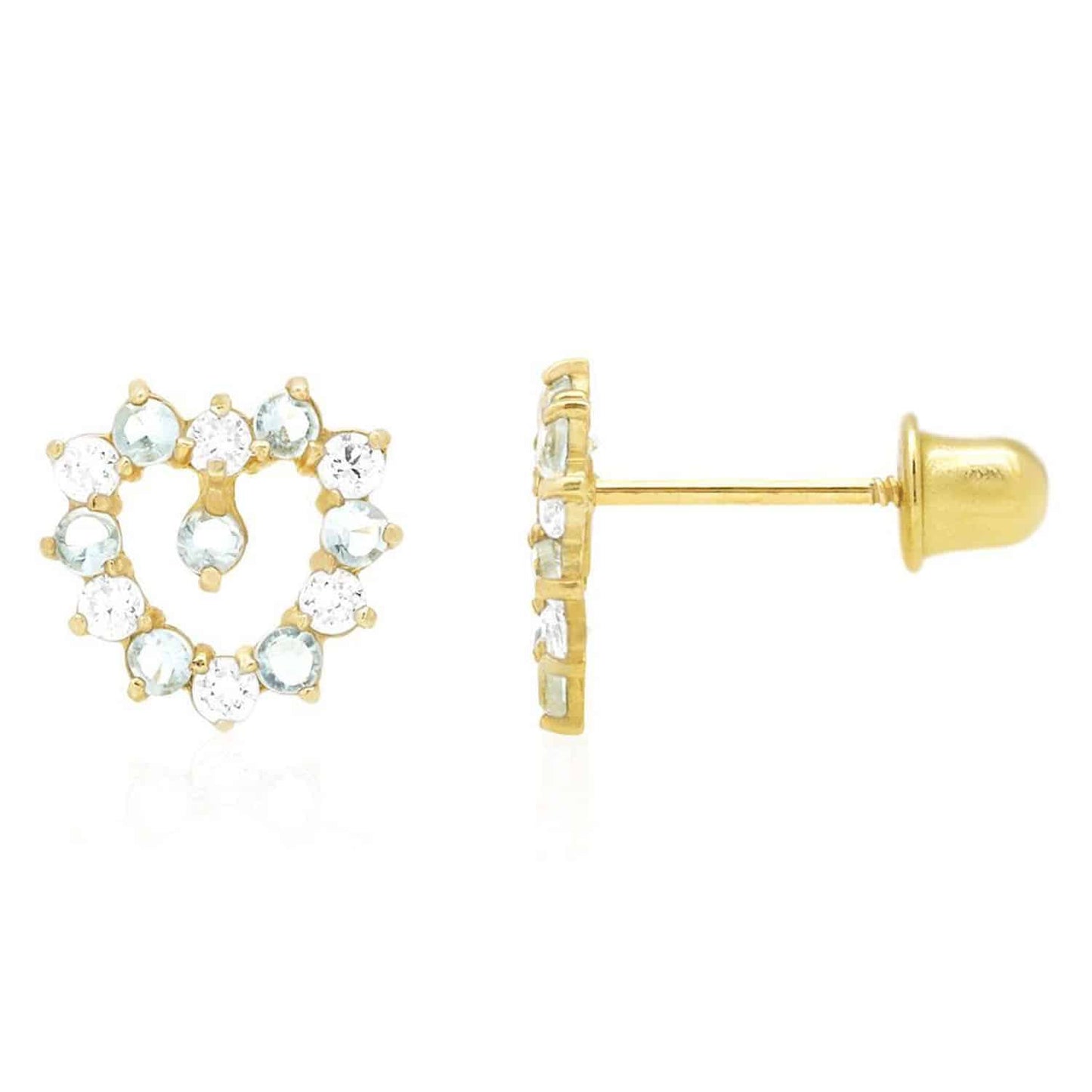 14K Yellow Gold Birthstone And White Zircon Heart Baby Screw Back Stud Earrings
