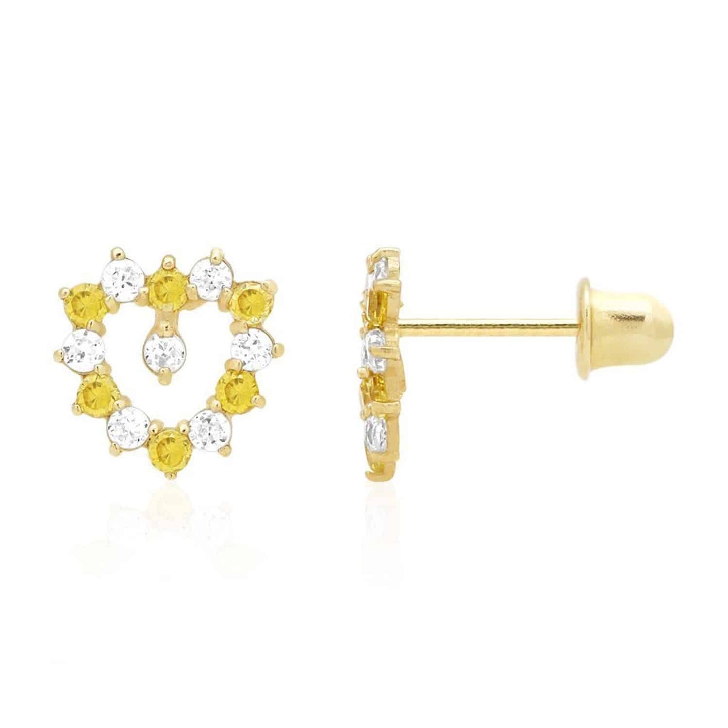 14K Yellow Gold Birthstone And White Zircon Heart Baby Screw Back Stud Earrings