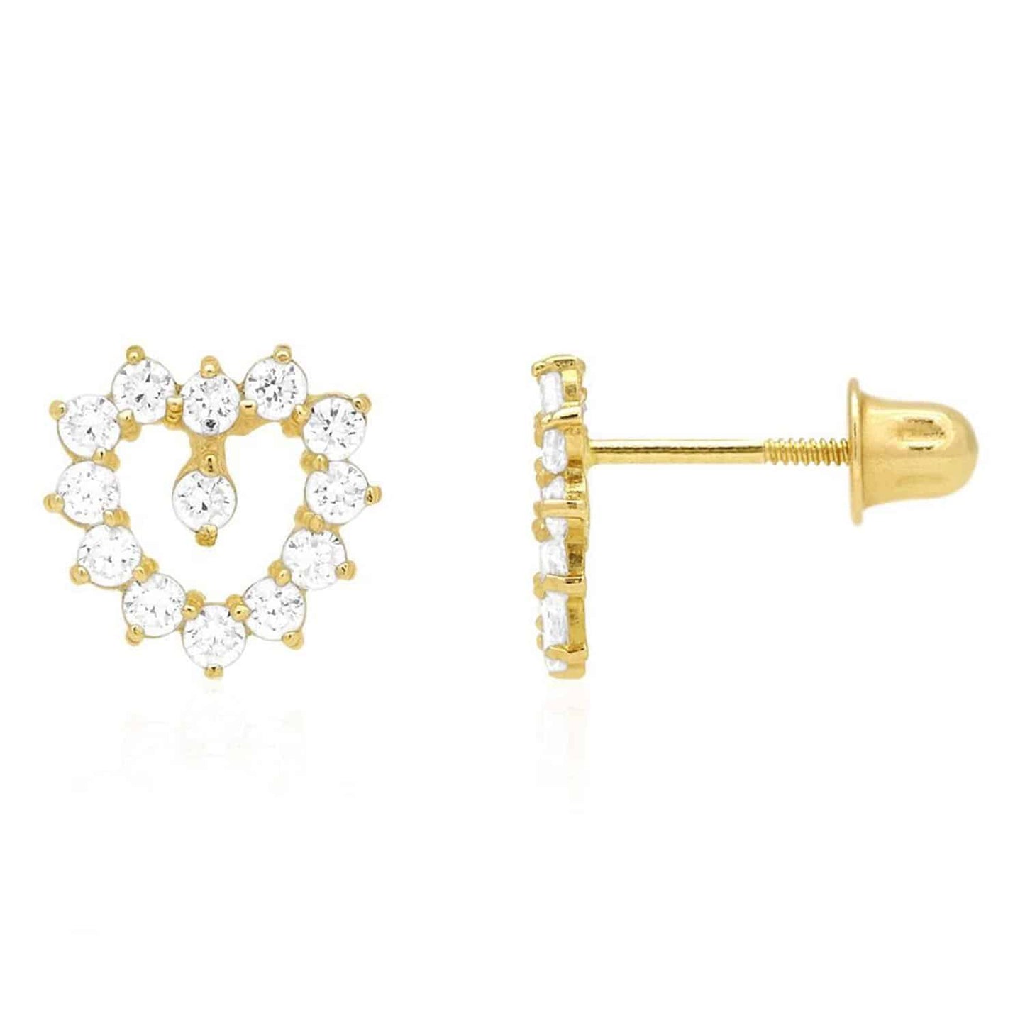 14K Yellow Gold Birthstone And White Zircon Heart Baby Screw Back Stud Earrings