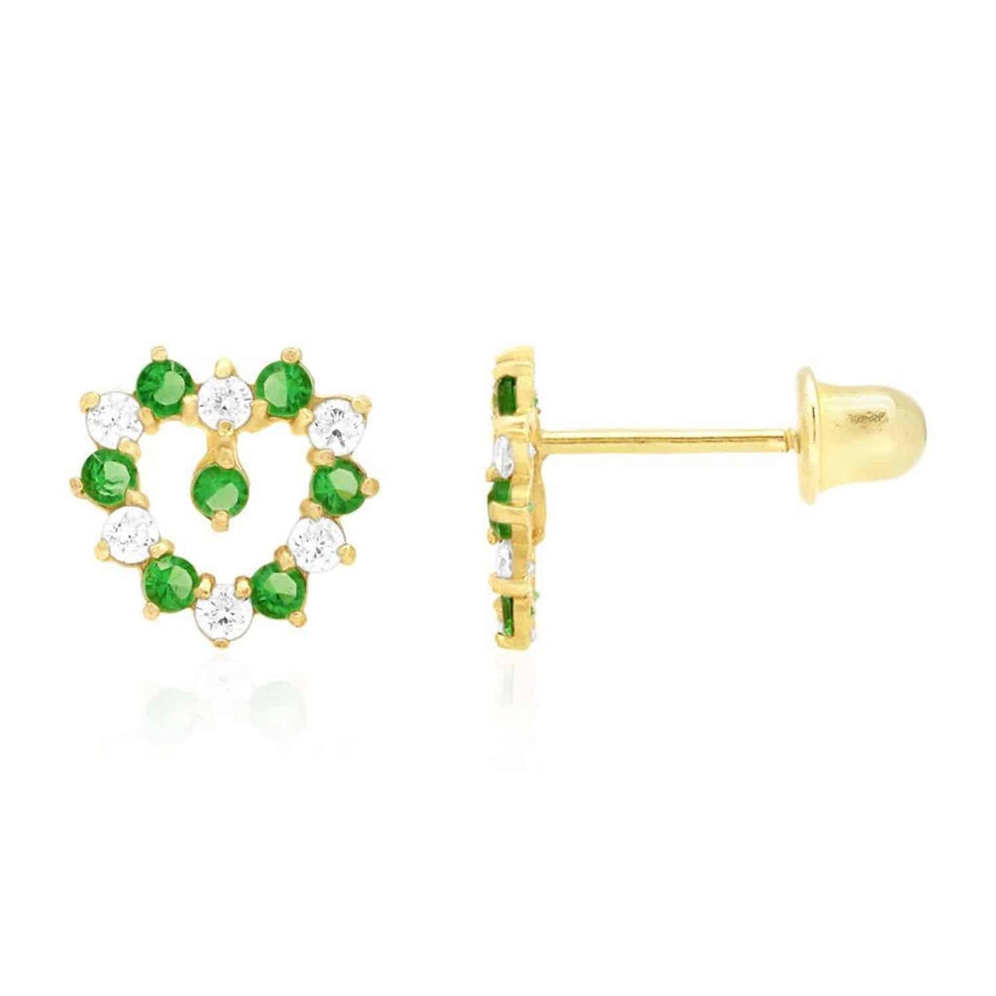 14K Yellow Gold Birthstone And White Zircon Heart Baby Screw Back Stud Earrings