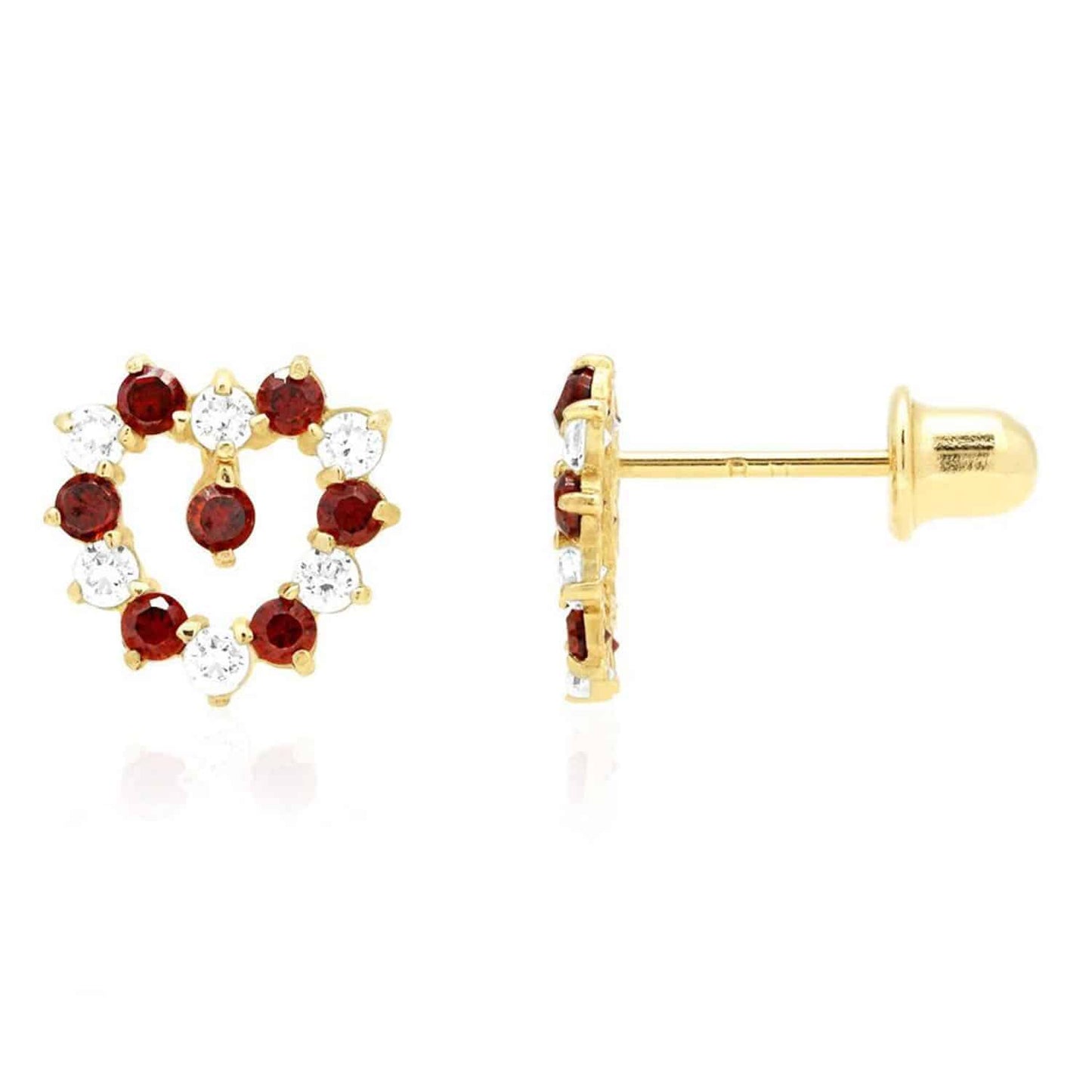 14K Yellow Gold Birthstone And White Zircon Heart Baby Screw Back Stud Earrings