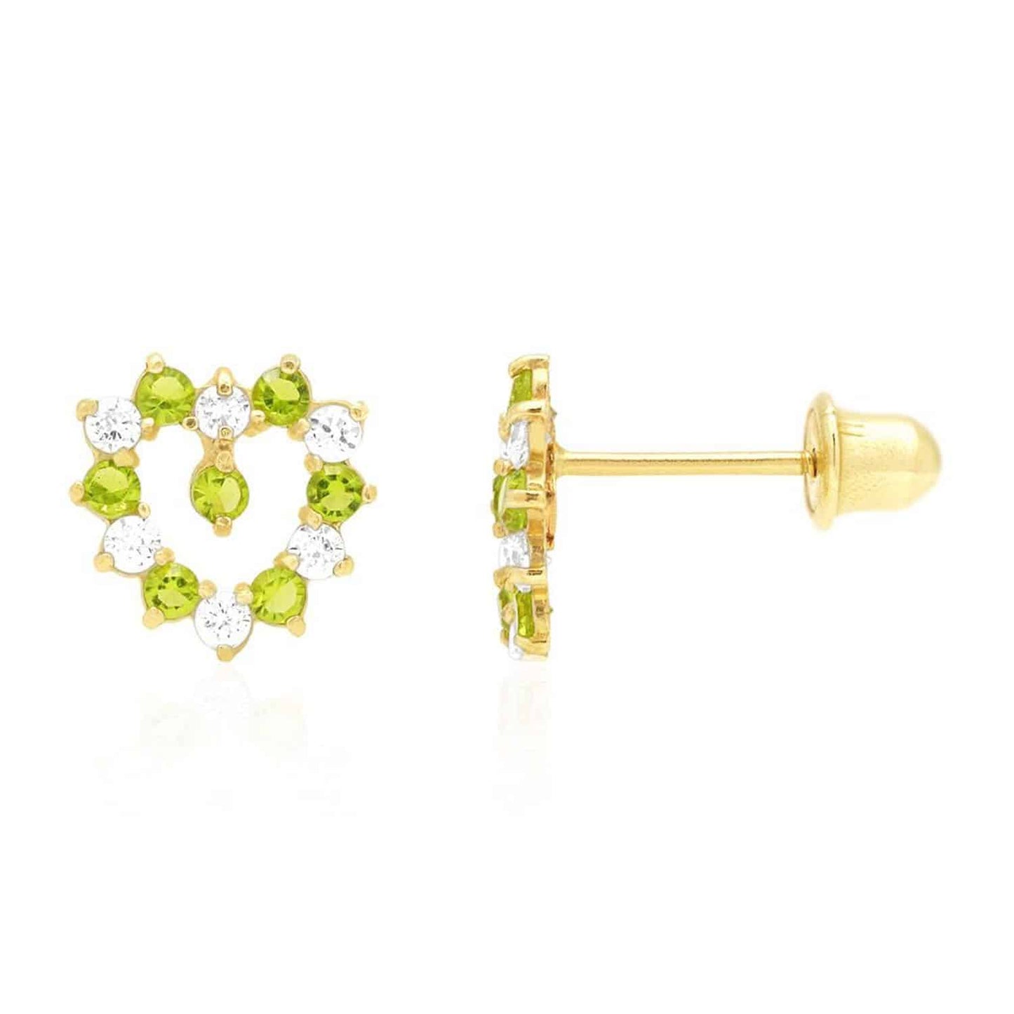 14K Yellow Gold Birthstone And White Zircon Heart Baby Screw Back Stud Earrings