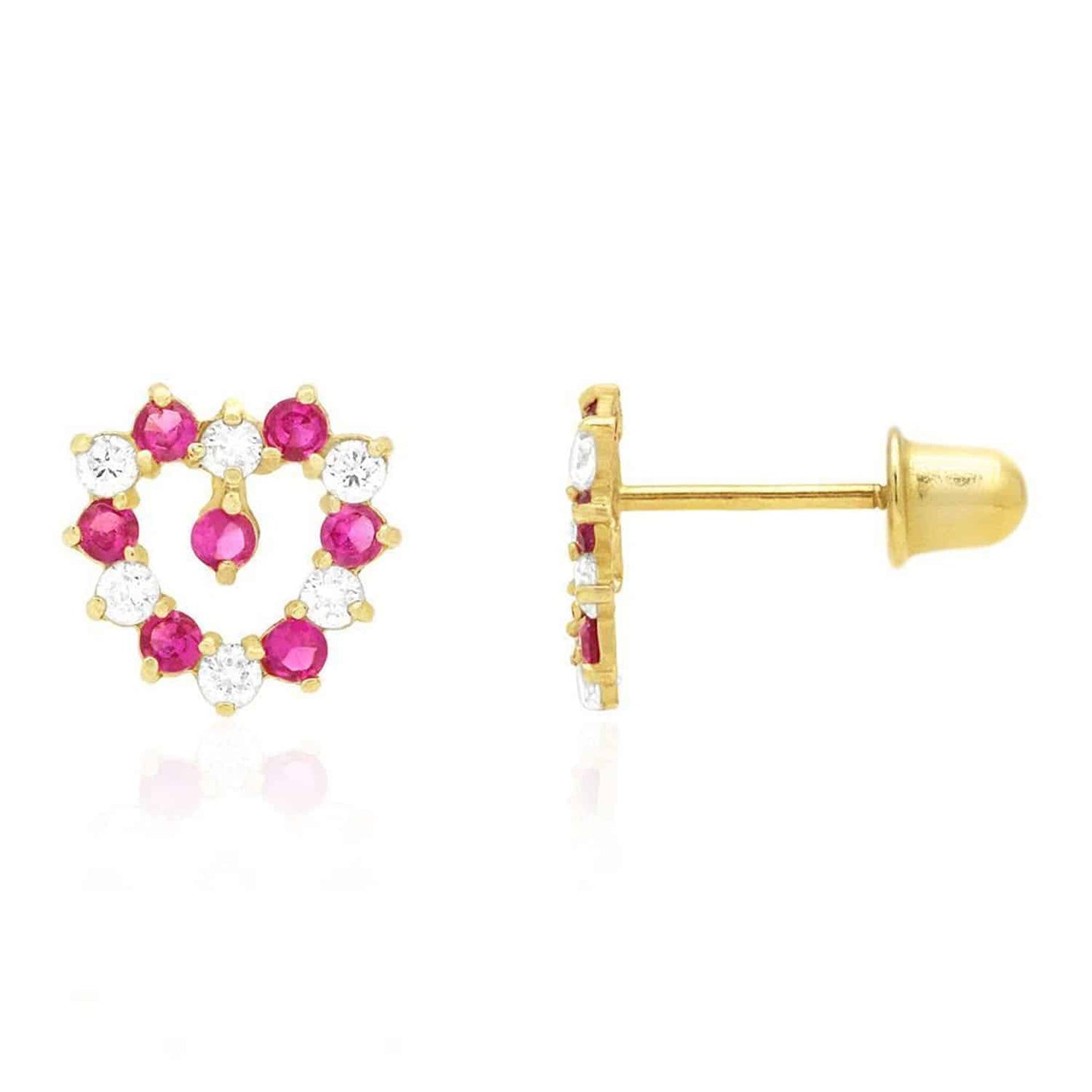 14K Yellow Gold Birthstone And White Zircon Heart Baby Screw Back Stud Earrings